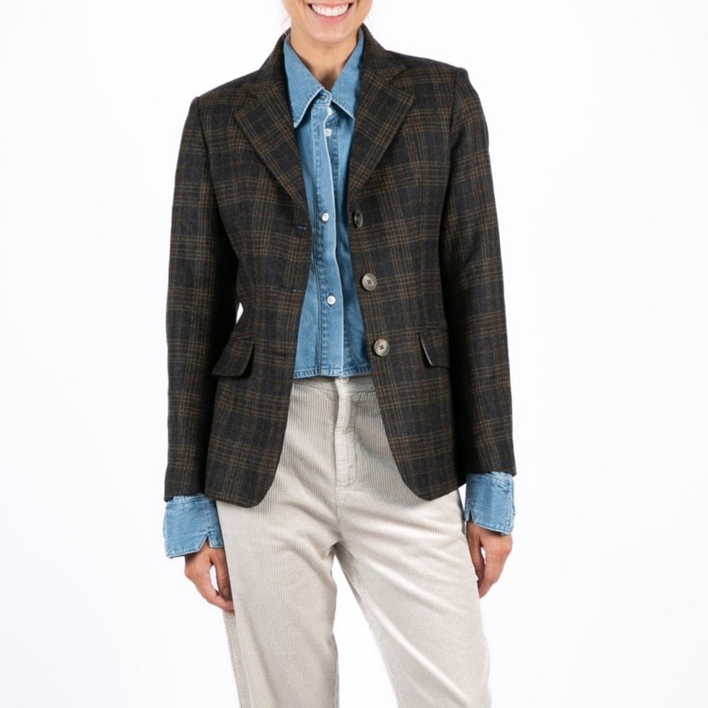 QL2 100% Wool Dorothy Midnight Classic Plaid‎ Button Jacket Blaser Brown Women's
